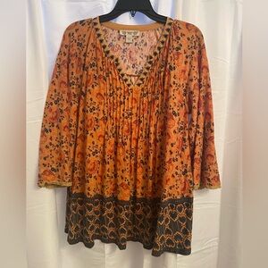 Floral Orange Gold Navy Blue Women's Top. Vintage America. Large